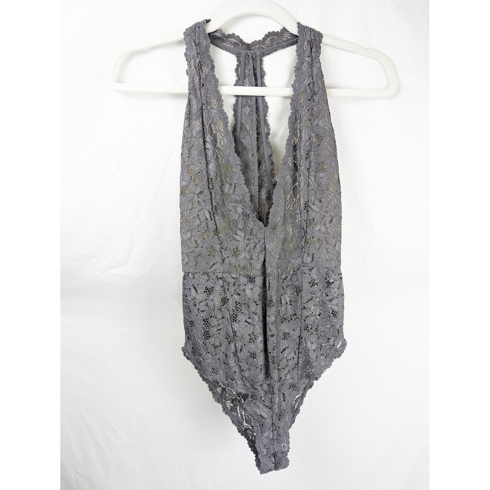Free People Intimately Floral Fairy Lace Racerback Bodysuit Size XS Gray V Neck - Picture 2 of 10